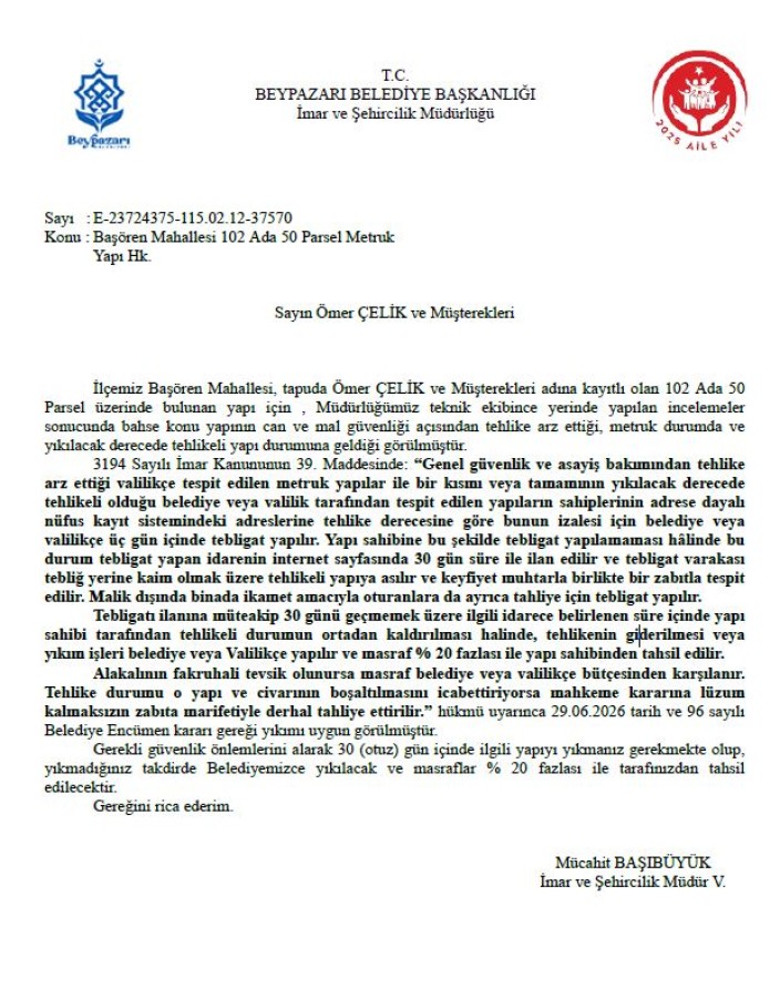 BAŞÖREN MAHALLESİ 102 ADA 50 PARSEL METRUK YAPI HK.