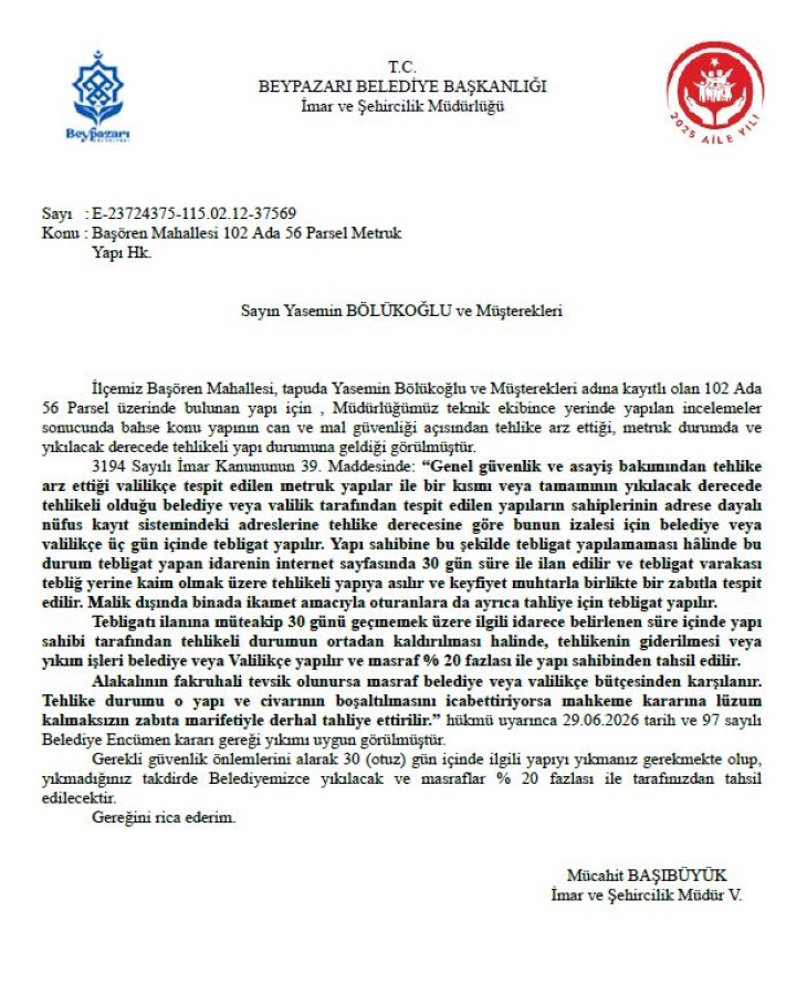 BAŞÖREN MAHALLESİ 102 ADA 56 PARSEL METRUK YAPI HK.