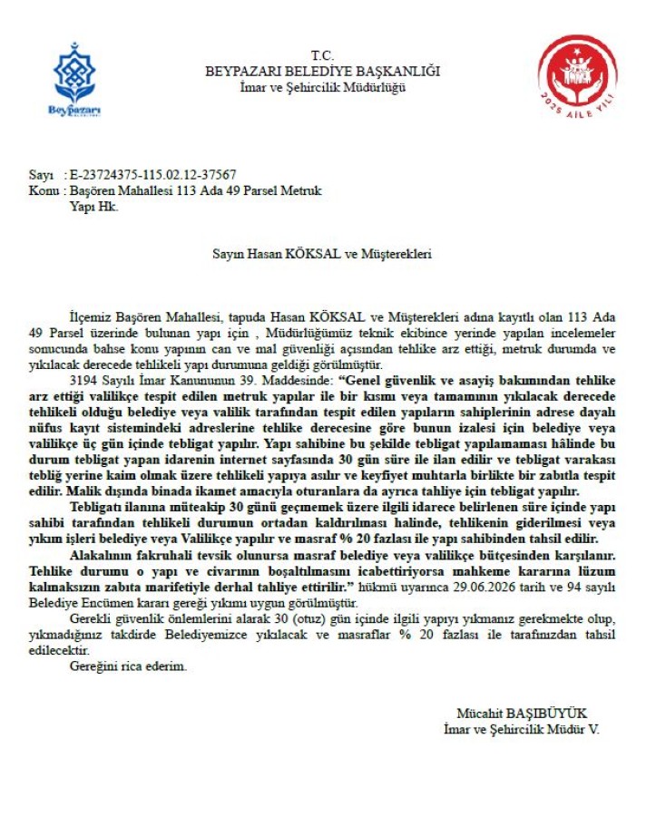 BAŞÖREN MAHALLESİ 113 ADA 49 PARSEL METRUK YAPI HK.
