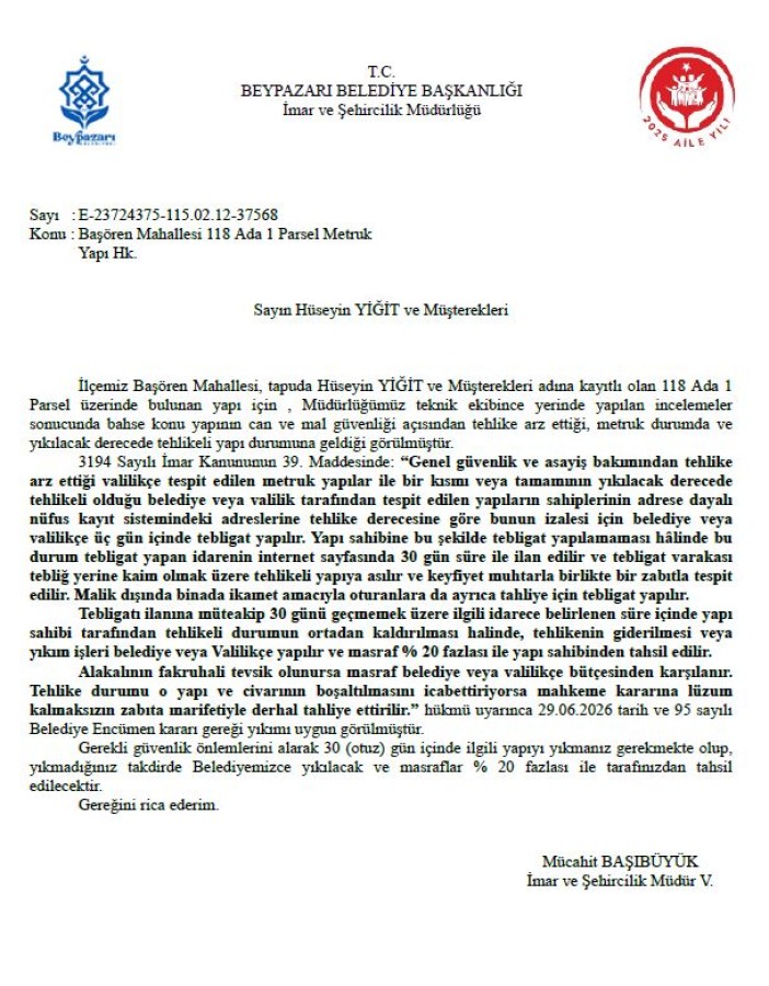 BAŞÖREN MAHALLESİ 118 ADA 1 PARSEL METRUK YAPI HK.