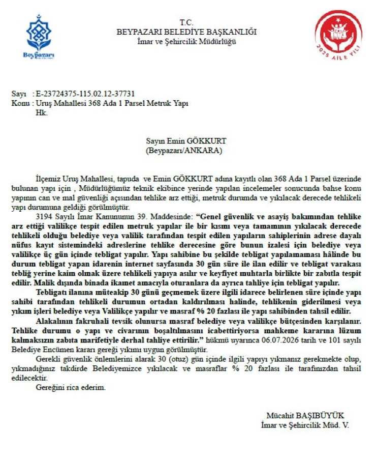 Uruş Mahallesi 368 Ada 1 parsel Metruk yapı hk.