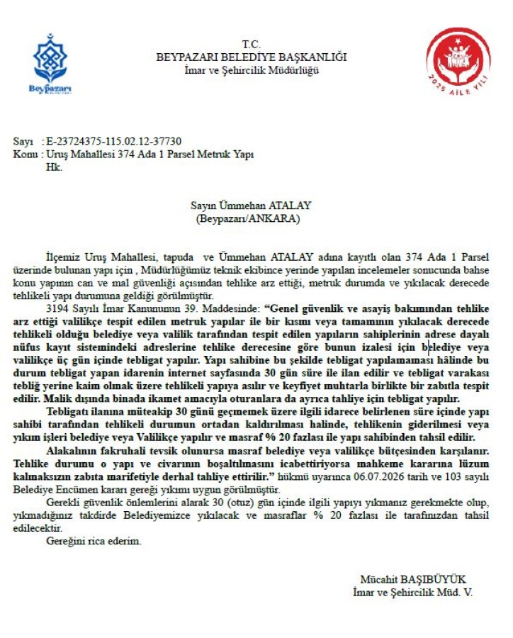 Uruş Mahallesi 374 Ada 1 parsel Metruk yapı hk.