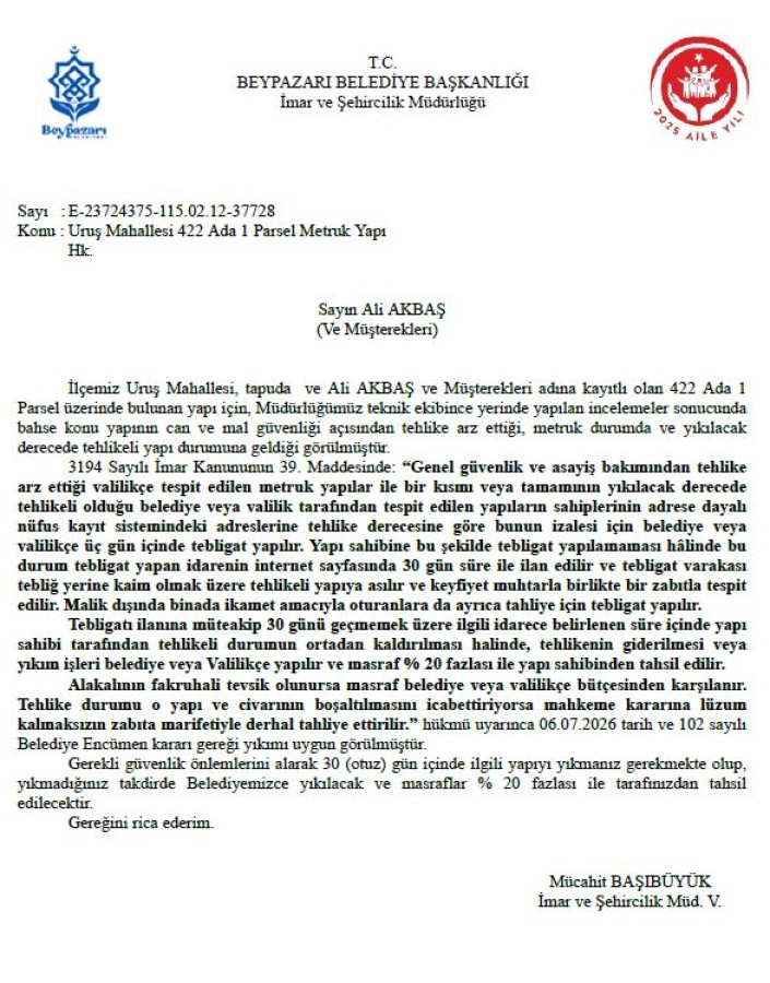 Uruş Mahallesi 422 Ada 1 parsel Metruk yapı hk.